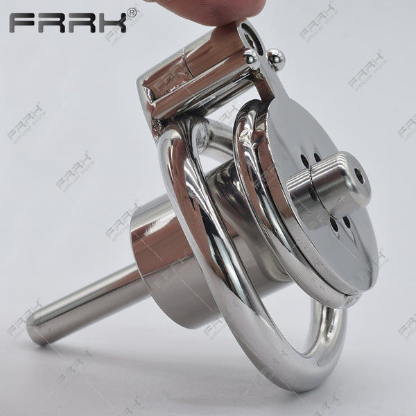 FRRK Hardcore Inverted Male Chastity Cage with Allen Key Cock Lock Stainless Steel Cylinder Penis Rings Negative Adults Sex Toys